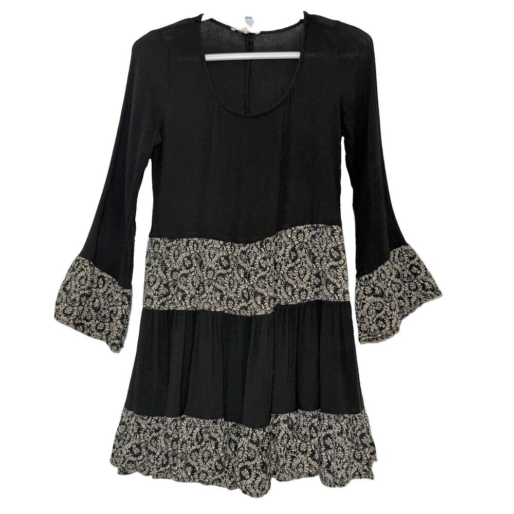 Easel Black Tiered Mini Dress S Boho Floral Bell Sleeve Rayon Lined Cottagecore